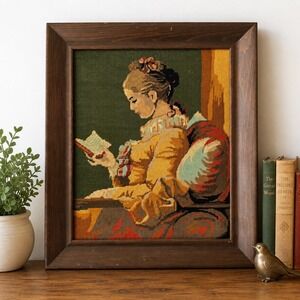 Vintage 1969 Framed Needlepoint Tapestry Woman Reading Wall Art Wood Frame